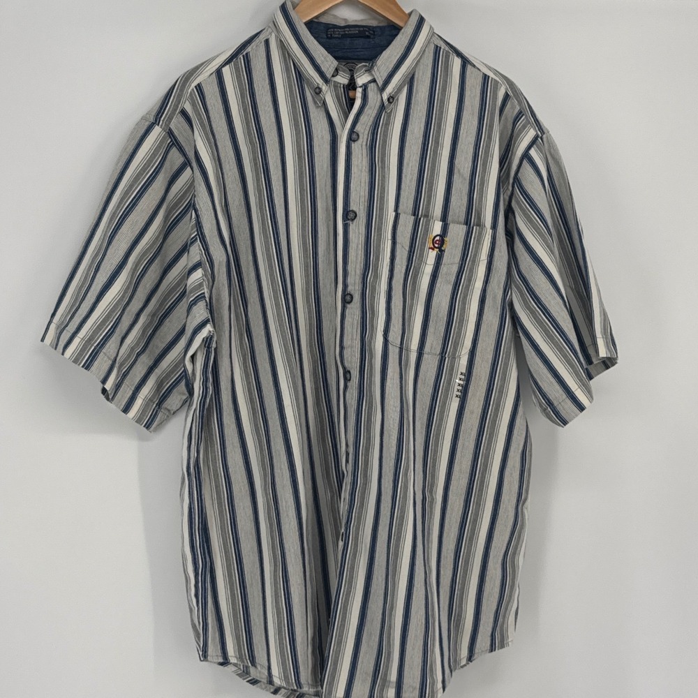 Coliseum Original Blues Mens Button Down Shirt XL Blue Grey Striped Short Sleeve